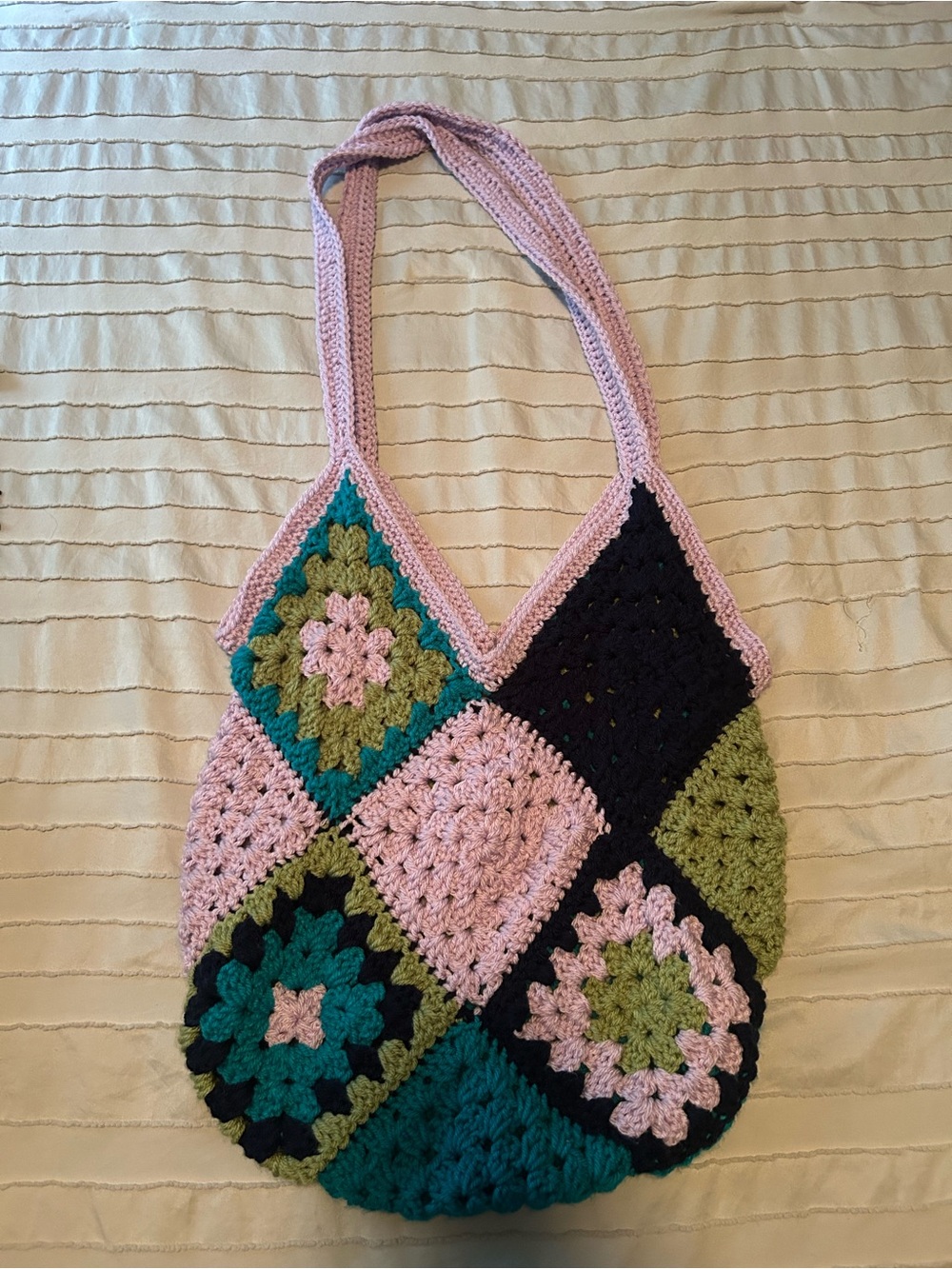 Handmade Granny Square Crochet Patchwork Tote Bag - Pink & Green